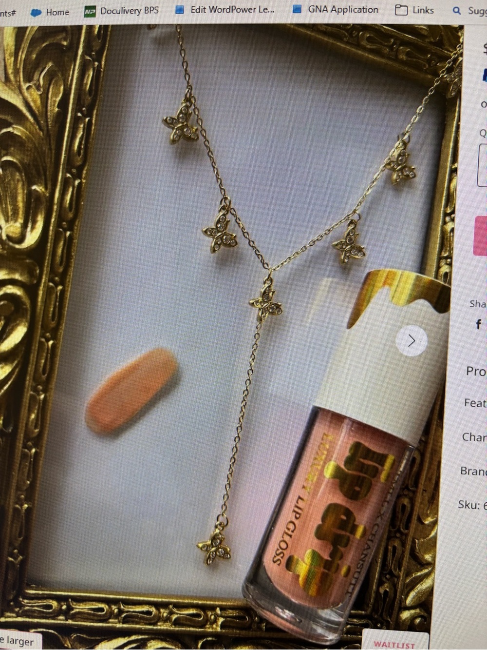 TMLL Chandler Lip Gloss & Gold Butterfly Charm Y-Chain Necklace.